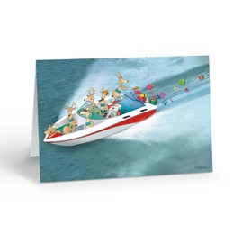 Stonehouse Collection | Speedboat Christmas Card | Boating Holiday Cards | Boat Ride with Santa and Reindeer (Speedboat Santa)