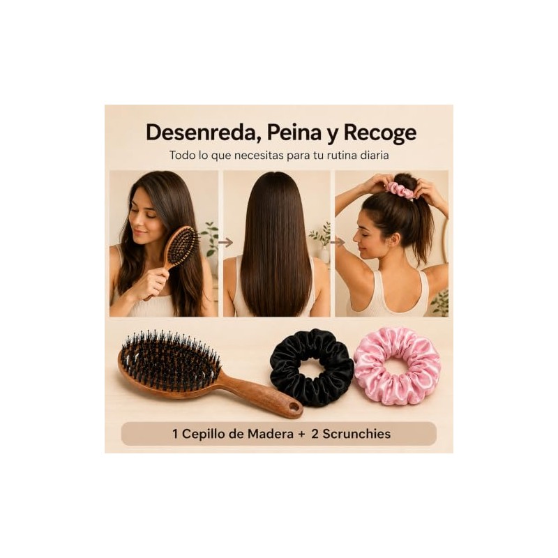 Cepillo para Cabello Desenredante de Madera con Cerdas de Jabalí