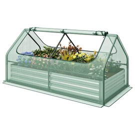 Giantex Galvanized Steel Raised Garden Bed with Mini Greenhouse, Outdoor Metal Planter Box Kit with Large Roll-up Cover, 71"x 35.5"x 36" Planter Raised Bed for Flower Vegetable Fruit (Green & Silver)