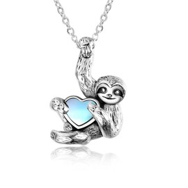 YAFEINI Sloth Gifts 925 Sterling Silver Sloth Necklace Heart Crystal Sloth Pendant Jewellery for Women Men (moonstone sloth)