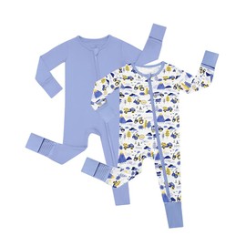 JunNeng 2Pcs Baby Rayon of Bamboo Sleeper with Mitten Cuffs, Footless Soft Zippy Pjs, Sleep N' Play Romper Haze Blue +Excavator 0-3 Months