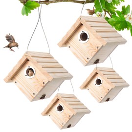 Dreyoo Wren House, 1-1/8'' Entrance Hole Hanging Wooden Wren Bird Houses for Outside with Metal Guard, Air Vents, Pine Wood for Chickadees (4 Pack)