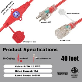 40 Feet Multi Outlet Extension Cord 12 Gauge,10 Nema 5-15R Evenly Spaced Outlets with Blue Indicators.Male Plug to Female Connector,Erboelec,ETL Listed