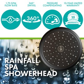 Niagara Conservation N9517MB Rainfall Spa 1-Spray with 1.75 GPM 8-in. Wall Mount Adjustable Fixed Shower Head in Matte Black, 1-Pack | Bathroom Shower Head Sprayer with Pressure Compensation