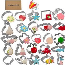 MASALACO Metal Cookie Cutter 25-Piece set,Valentine's Day,Ocean,Flowers and Everyday Shapes Cookie Cutters Set,Dough Cutter,Stainless Steel and Piping Bag