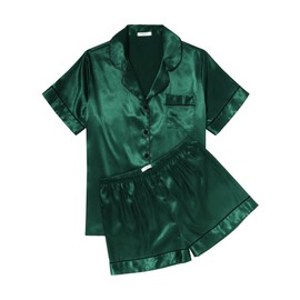 Ekouaer Womens Silk Satin Pajama Sets Soft Short Sleeve Button Down Sleepwear Top and Shorts 2 Piece Pjs Lounge Set,Dark Green,S