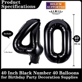 Black 40 Number Balloons, 40 Inch Giant Number 40 Balloons Foil Mylar Helium Black Number Balloons for 40th Birthday Party Supplies Anniversary Event Celebration Decorations