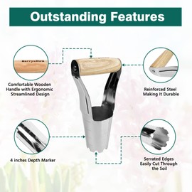 Berry&Bird Stainless Steel Bulb Planter with 4in/10cm Depth Mark, Ergonomic Short Wooden Handle Gardening Tool for Planting Tulips, Daffodils, Lilies, Dahlias, and Other Bulb Plants