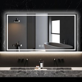Mersviton LED Smart Mirror with Lights, 48"x32" lighted bathroom mirrors wall mounted, Anti-Fog Lighted Vanity Mirror, Stepless Dimmable, 3 Colors, Memory Function, Horizontal/Vertical LED Mirror.