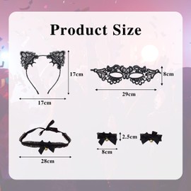 Black Lace Cat Costume Set 6-Piece, Catwoman Costumes Includes Cat Ear Headband Mask Choker Wristbands Gloves and Stockings