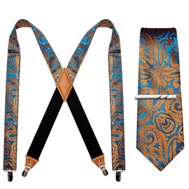 Barry.Wang Mens Suspenders Ties Set X Type Braces&Necktie Tie-Clip Paisley Formal Wedding Party Prom