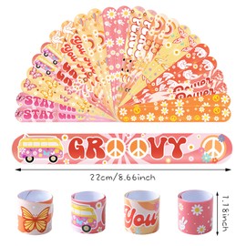INCOK Groovy Party Favors Decorations Set - 56 Pcs Retro Hippie Slap Bracelets and Retro Boho Rainbow Temporary Tattoos Stickers Gift Bags Filler for 60s 70s Boho Themed Birthday Party Decor Supplies
