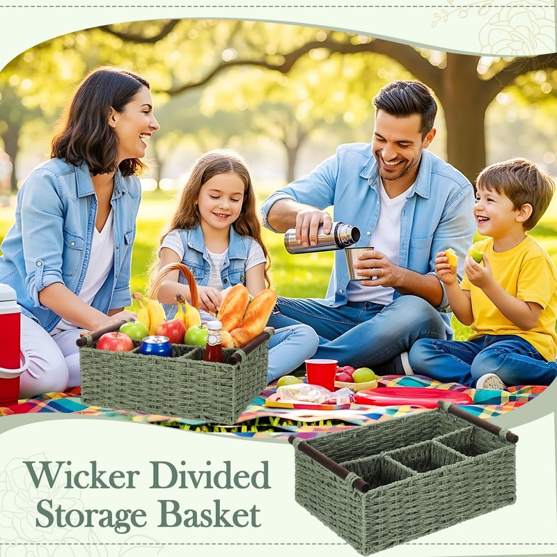 Remerry Sage Green Bathroom Countertop Organizer Caddy, Wicker-Like Divided Basket