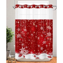 No Hook Shower Curtain with Snap in Liner Set Christmas Tree Shower Curtains for Bathroom Waterproof Fabric Red Christmas Balls Bath Curtain with See Through Mesh Top Window for Hotel Spa 72x84 Inch