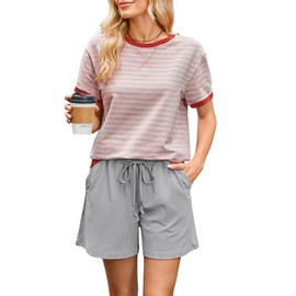 FIOPHY Women's Cozy 2 Piece Outfits Lounge Sets Striped Color Block Short Sleeve Tops Shorts Sweats Track Suits Sweatsuit Set Grey&Pink S