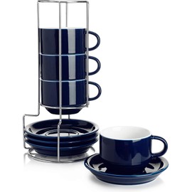 Sweese 8 Ounce Porcelain Stackable Cappuccino Cups with Saucers and Metal Stand - for Specialty Coffee Drinks, Cappuccino, Latte, Americano and Tea - Set of 4, Navy