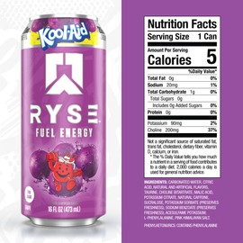 RYSE Fuel Energy Drink - Kool-Aid Grape - Sugar Free, Gluten Free & Vegan - 200mg Natural Caffeine, Taurine & Choline for Focus & Energy - No Artificial Colors - 16 fl oz Cans (12-Pack)