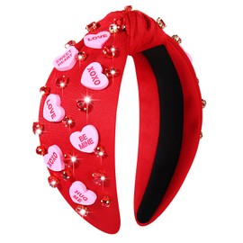 YAHPERN YAHPERN Valentine's Day Headband for Women Red Pink Heart Knotted Headband Jeweled Rhinestone Crystal Wide Top Knot Hairband Valentine's Day Hair Accessories Holiday Gifts (Letter Heart)
