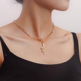 Inilbran Boho Snake Pendant Necklace Vintage Snake Paper Clip Chain Necklace Gold Snake T Bar Necklace Wavy Snake Choker Necklace Jewellery for Women and Girls, Zinc