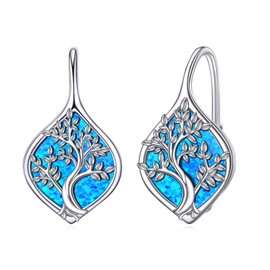 Tree of Life Earrings for Women 925 Sterling Silver Leverback Blue Opal Tree of Life Jewelry Gift