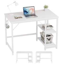 JOISCOPE Home Office Computer Desk with Wooden Storage Shelf,Small Office White Desk and Gaming Table with Splice Board,2-Tier Industrial Morden Laptop Study Writing Desk,40 x 24 inches - Color: White, Size: 40 inches