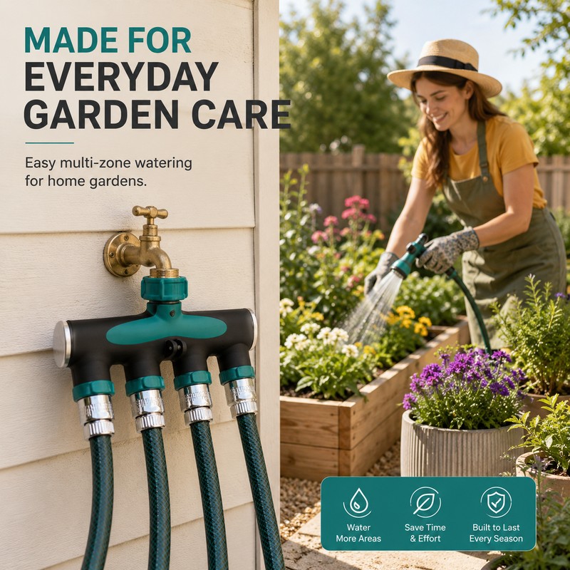 4-Way Garden Hose Connector for Outdoor Faucets – Zinc Alloy