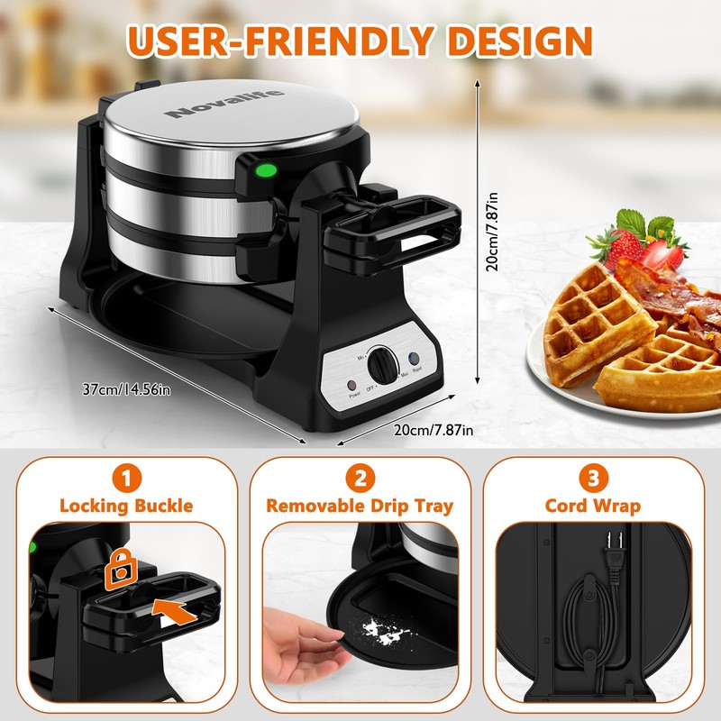 Waffle Maker, 1400W Belgian Waffle Maker, Double Waffle Iron 180°