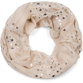 styleBREAKER 01016118 Women's Loop Scarf with Glittering Metallic Stars All Over Print Pattern, Lightweight Tube Scarf, Plain, beige