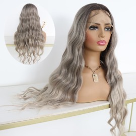 MACA BAKA 3 Tone Ombre Grey 13x4 Lace Front Wig with Baby Hair Glueless Long Wavy Gray Platinum Blonde Synthetic Lace Front Wigs for Women Pre Plucked 150 Density 24 Inches
