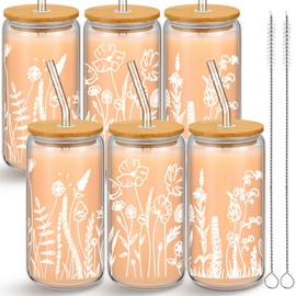 Bokon Floral Iced Coffee Cup 16 oz Iced Coffee Glasses with Bamboo Lids and Straws Wildflower Glass Coffee Tumbler Drinking Jars with 2 Cleaning Brushes, Birthday Gifts for Women(6 Pcs)