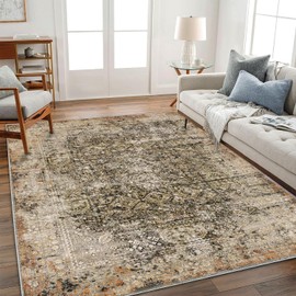 CHAMPLANT 5'x7' Washable Area Rug Vintage Rug Traditional Floor Cover Foldable Thin Rug Kitchen Accent Rug Indoor Distressed Non Slip Carpet Floral Print Mat Bedroom Living Room Bathroom