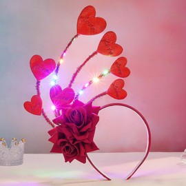 Vatocu LED Heart Headband Red Luminous Valentine's Day Headband Rose Flower Headpiece Sequins Heart Hair Accessories for Holiday Wedding Birthday Party Gift