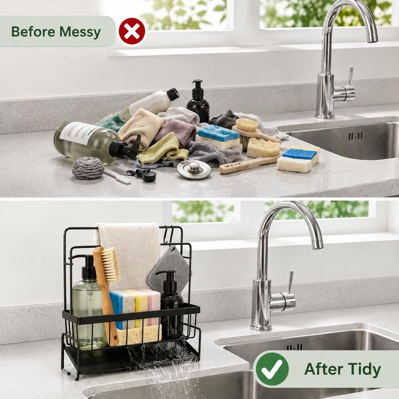 Sponge Holder for Kitchen Sink, Sink Caddy with Towel Bar