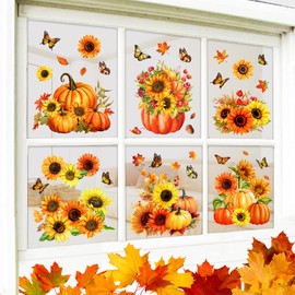 Whaline 9 Sheet Fall Window Clings Sunflower Pumpkin Butterfly Reusable Window Decals for Autumn Thanksgiving Harvest Home School Party Supplies