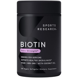 Sports Research Vegan Biotin with Organic Coconut Oil - Biotin Vitamin B7- Non-GMO & Gluten Free:_10,000mcg /120 ct/ White