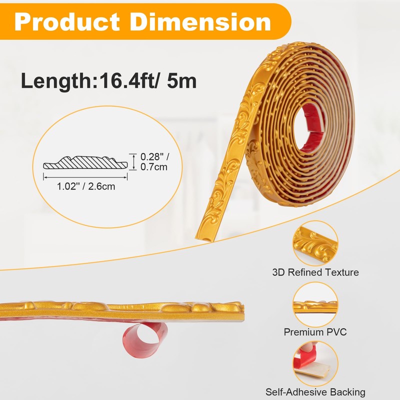 16.4FT x 1.02'' Gold Crown Molding Trim Peel and Stick