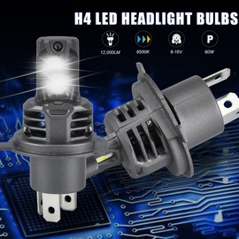H4 LED Headlight Bulbs, Hi/Lo Beam 60W 12000LM 6500K IP67 with fan, H4 Bulbs Wireless All in one Design H4 Headlight Conversion Kit (2 PCS)