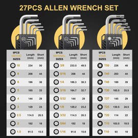 AMTOVL 27-Piece Magnetic Hex Key Set - S2 Steel SAE & Metric Allen Wrenches Set with Ball End Extra-Long T-Handle Design SAE 1/16"-3/8", Metric 1.5-10mm + TORX T10-T50