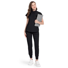 niaahinn Scrubs Set for Women Nurse Uniform Jogger Suit Stretch Top & Pants with Multi Pocket for Nurse Esthetician Workwear (Black, Small)