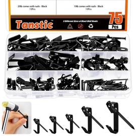 Tanstic 75 Sets Picture Hangers, 5 Sizes Picture Hanging Kit Including 10lb/20lb/30lb/50lb/100lb Picture Hanging Hooks with Nails for Painting, Picture, Clock(Black)