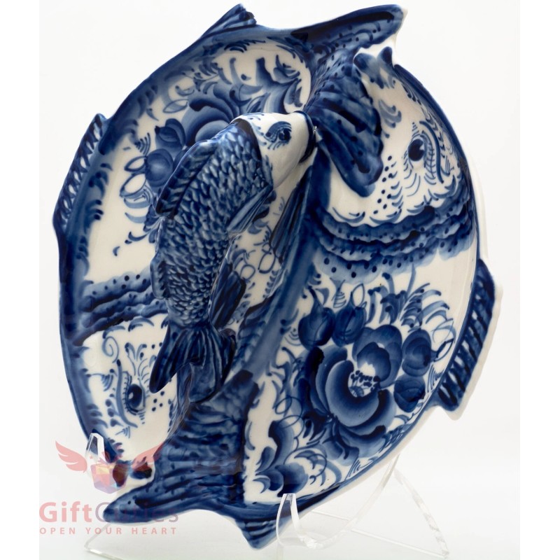 Gzhel Porcelain Fish server plate holder tray dish Hand-painted Author's