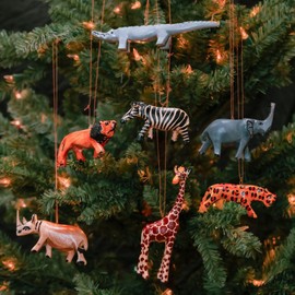 Painted Wood Safari Animals Ornament Set of 7