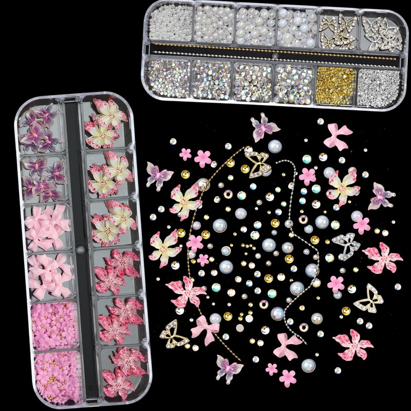 SEMATA 2 Box 3D Flower Nail Charms, Pink Nail Gems