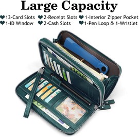 HNOOM Women's Large PU Leather Purse, Many Compartments with 14 Card Slots, Long Wallet, Women's RFID Protection Wallet with Coin Compartment and Removable Hand Strap, darkblue, Minimalist