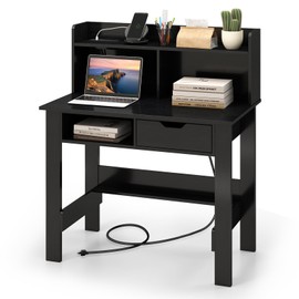 Tangkula Computer Desk with Drawer & Hutch, Home Office Writing Desk with Charging Station & Storage Shelves, Modern Space-Saving Computer Workstation Makeup Vanity Desk, Ideal for Working Studying