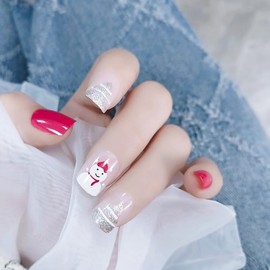 Christmas False Nails, 24 Pieces Christmas Red False Nails Set, Christmas Tree Elk, Santa Claus, Snowman, DIY Manicure Nails for Christmas-005