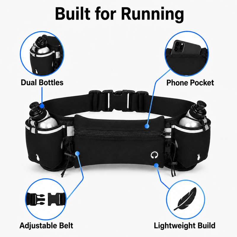 Running Waist Pack with 2 Water Bottles – Dual Pocket