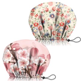Zewurtuw 2 PCS Shower Cap Adjustable Reusable Double Waterproof Layer Elastic Hair Bath Cap Cute Aesthetic for Women Girls-Flowers 2