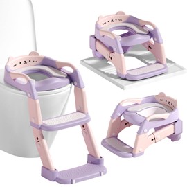 3-in-1 Baby Potty Training Seat with 2 Step Ladder, Splash Guard Anti-Slip Pad, Height Adjustable Toddler Toilet Seat with Soft Cushion for Kids Boys Girls(Purple)