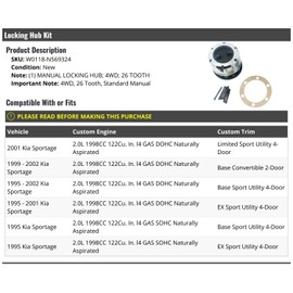 Marketplace Auto Parts - Manual Locking Hub - Compatible with 1995-2002 Kia Sportage 2.0L 4-Cylinder 4WD